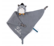 Doudou lange chat gris clair brodé au prénom Les Moustaches Moulin Roty - BleuGriotte